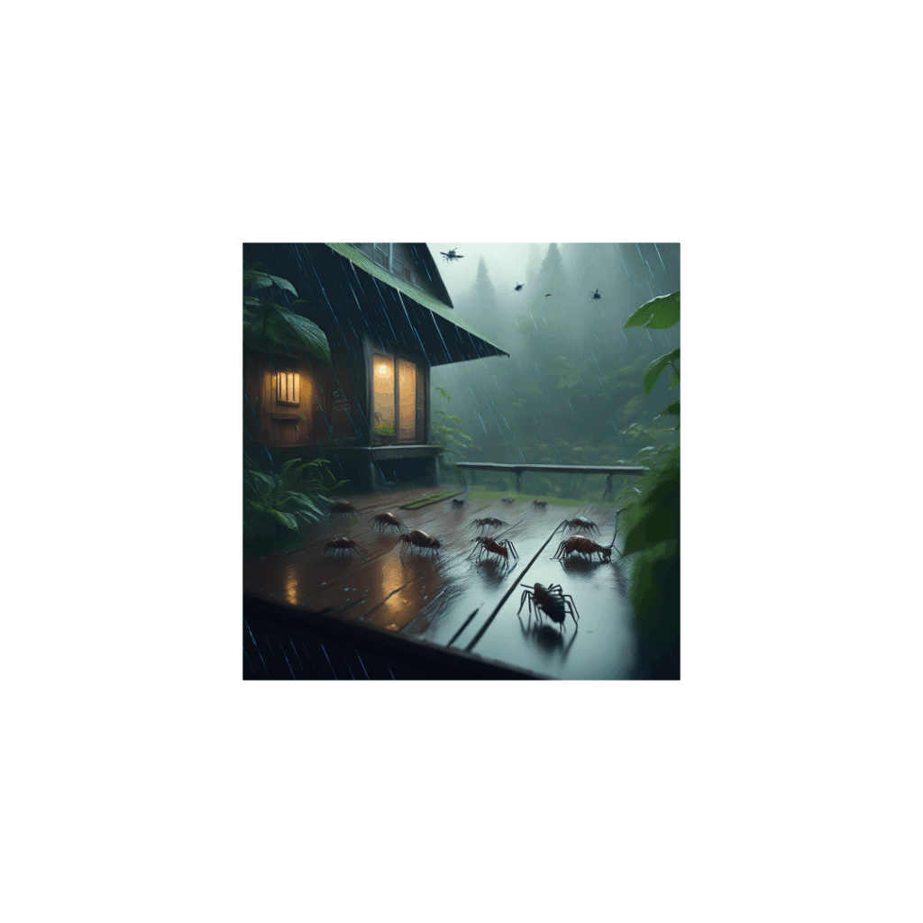 Insects walking towards a home with light glowing through a door and window on a brown wooden deck